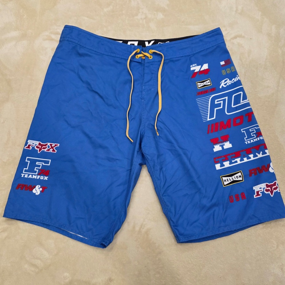 Fox Racing Team Hellion Board Shorts Mens Size 36 Blue Moto X Swim Trunks Y2K